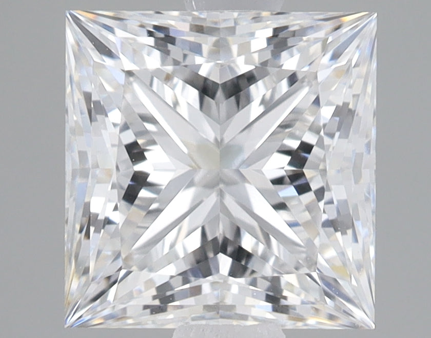 Princess-cut lab-grown diamond with brilliant faceting and clear transparency, displayed against neutral background.
