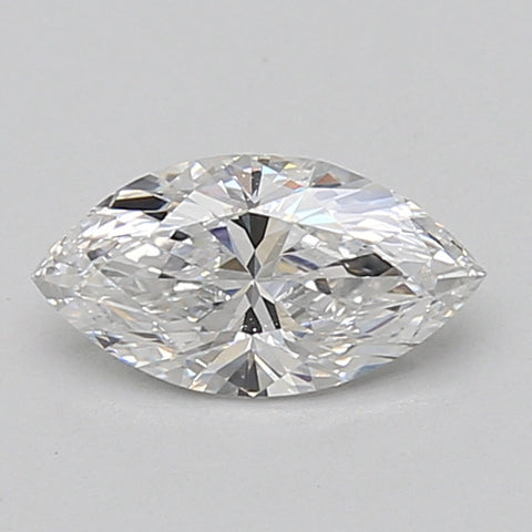 Marquise-cut clear diamond with faceted surface and pointed ends on neutral background.