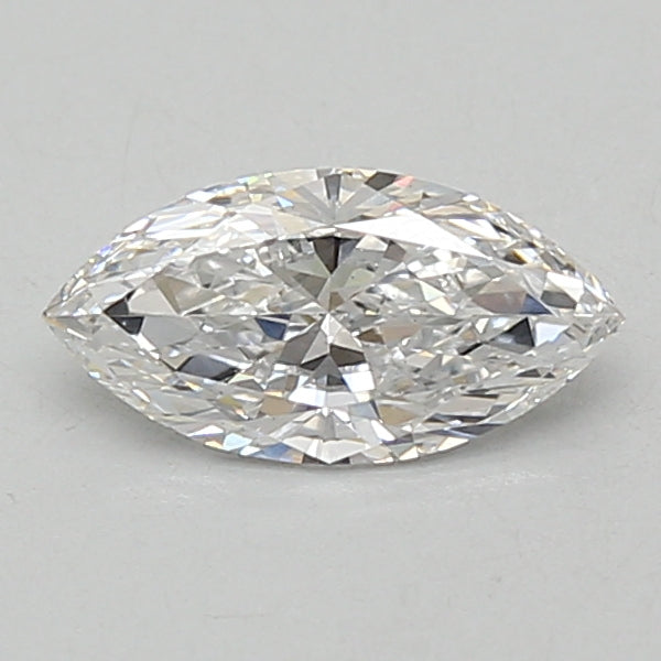 Marquise-cut clear diamond with faceted surface and pointed ends on neutral background.