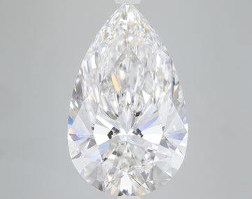 Pear-shaped lab-grown diamond with faceted surfaces reflecting light, displayed against a gray background.