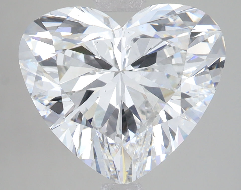 Heart-shaped lab-grown diamond with faceted surface and light refraction on neutral gray background.