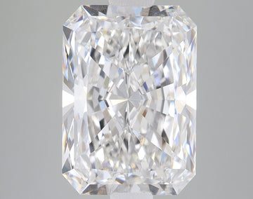 Radiant cut lab-grown diamond with clear faceting and light reflections on neutral background.