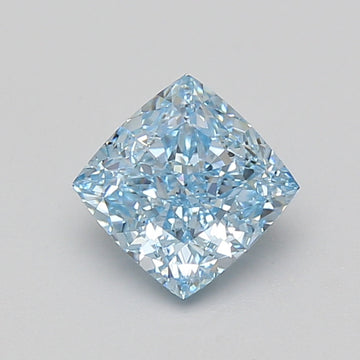 Cushion cut lab grown diamond with light blue tint and faceted surface on gray background.