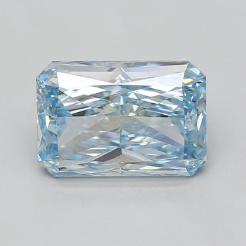 Radiant cut lab-grown diamond with faceted surfaces displaying light refraction and blue-tinted clarity.