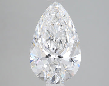 Pear-shaped clear diamond with faceted cuts reflecting light, displayed against neutral background.