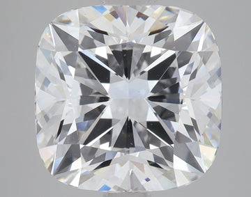 Cushion cut lab grown diamond with faceted surface reflecting light, displayed against neutral gray background.