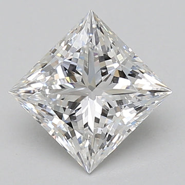 Princess-cut lab-grown diamond with brilliant faceting and clear transparency, displayed at an angled view against a neutral 