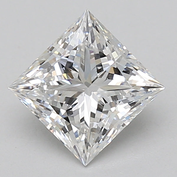 Princess-cut lab-grown diamond with brilliant faceting and clear transparency, displayed at an angled view against a neutral 