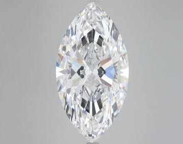 Marquise-cut colorless diamond with faceted surface reflecting light, displayed against neutral gray background.