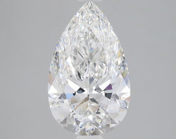 Pear-shaped colorless lab-grown diamond with faceted surfaces, displayed against a neutral gray background.