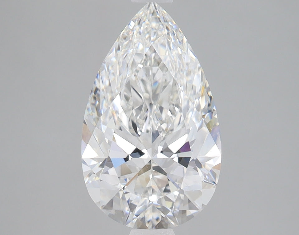Pear-shaped colorless lab-grown diamond with faceted surfaces, displayed against a neutral gray background.