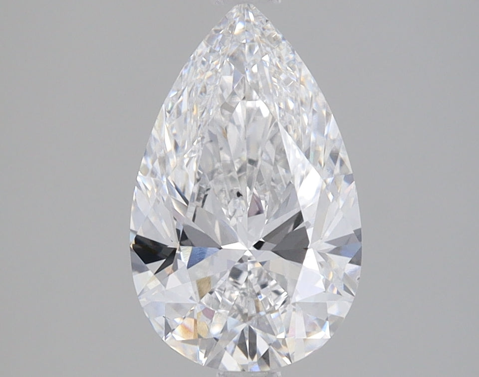 Pear-shaped lab-grown diamond with faceted surfaces and clear color against neutral background.