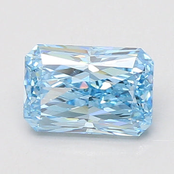 Radiant cut lab-grown diamond with light blue hue and faceted surface reflecting light.