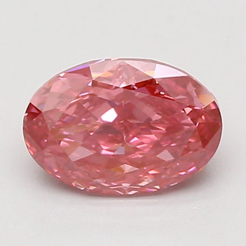Oval faceted lab-grown diamond with pink hue and multiple reflective surfaces on white background.