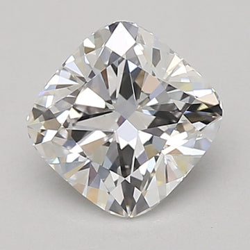 Cushion-cut colorless lab-grown diamond with faceted reflections on gray background.