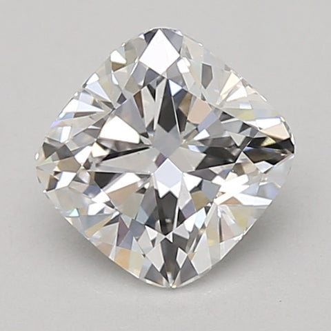 Cushion-cut colorless lab-grown diamond with faceted reflections on gray background.