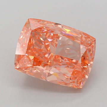 Cushion-cut lab-grown diamond with peachy-pink coloring and faceted surface, displaying internal light refraction and reflect