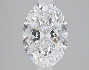 Oval-cut colorless lab-grown diamond with faceted surface reflecting light, displayed against neutral gray background.