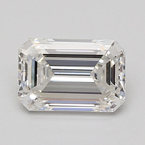 Emerald-cut lab-grown diamond loose stone with faceted edges and clear reflective surfaces.