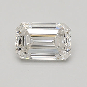 Emerald-cut lab-grown diamond with faceted sides and stepped crown, displaying clear facets and light refraction on neutral b