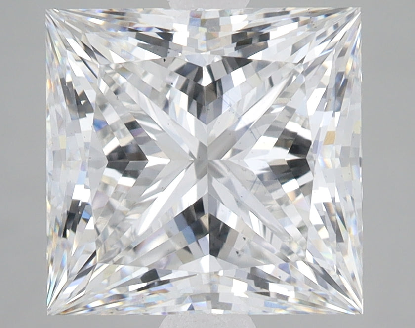 Clear princess-cut lab-grown diamond with brilliant faceting and light refraction visible throughout the stone.
