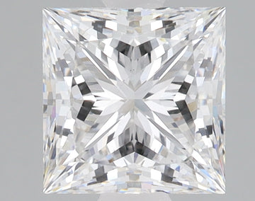 Princess-cut lab-grown diamond with faceted surface displaying light refraction patterns on neutral gray background.