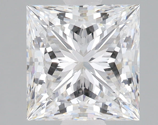 Princess-cut lab-grown diamond with faceted surface displaying light refraction patterns on neutral gray background.