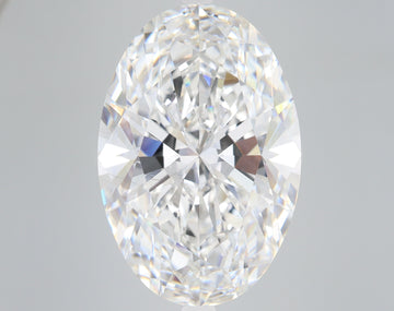 Oval-cut lab-grown diamond with faceted surface displaying light refraction and clarity against neutral background.