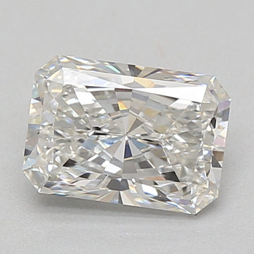 Clear radiant cut lab grown diamond with faceted surfaces and light refraction visible against white background.