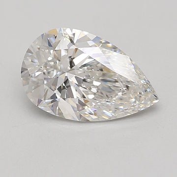 Pear-shaped clear lab-grown diamond with faceted surfaces and light reflections on neutral background.