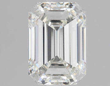 Emerald-cut lab-grown diamond with faceted edges and clear transparency, displayed against a neutral background.