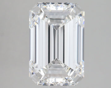 Clear emerald-cut lab-grown diamond with faceted edges and light reflections on neutral background.