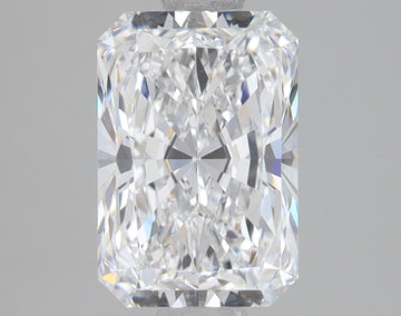 Clear radiant-cut diamond with faceted surfaces and light reflection on neutral background.