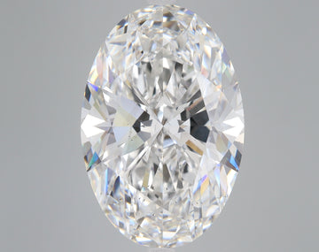 Oval-cut clear lab-grown diamond displaying faceted surfaces and light refraction against neutral background.