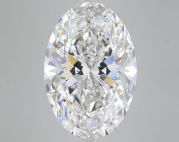 Oval-cut lab-grown diamond with faceted surface displaying colorless clarity and light refraction against gray background.