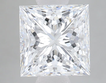 Princess cut lab grown diamond with brilliant faceting and clear transparency, displayed against neutral background.