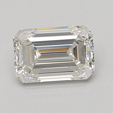 Emerald-cut lab-grown diamond with faceted surfaces and clear coloration on neutral background.