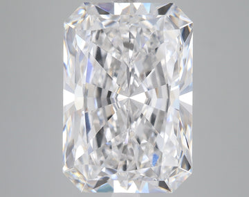 Radiant cut lab grown diamond with clear faceted surfaces and light refraction, displayed against neutral background.