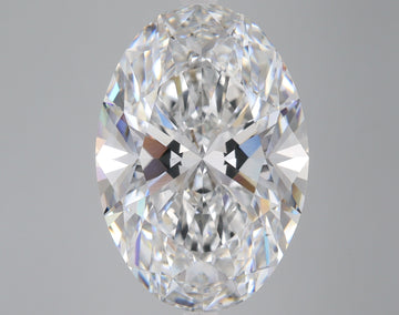 Colorless oval-cut lab-grown diamond with faceted surfaces reflecting light on neutral gray background.