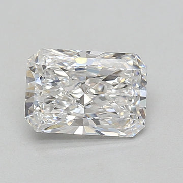 Clear radiant cut lab grown diamond with multiple facets, displayed against a neutral gray background.