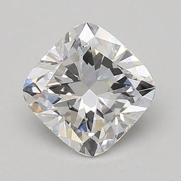 Cushion cut lab grown diamond with faceted surface, displaying light refraction and reflections on neutral background.