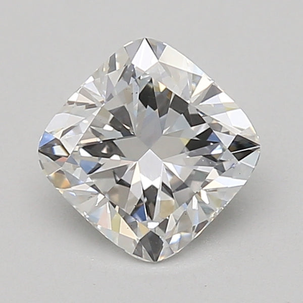 Cushion cut lab grown diamond with faceted surface, displaying light refraction and reflections on neutral background.