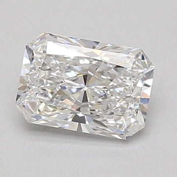 Radiant cut lab grown diamond with faceted surfaces reflecting light, displayed on neutral gray background.