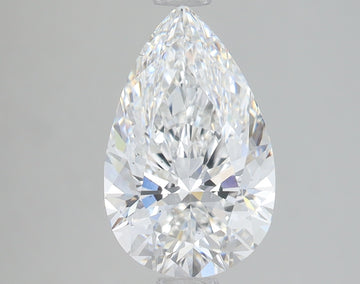Pear-shaped lab-grown diamond with faceted surfaces reflecting light, displayed on neutral background.