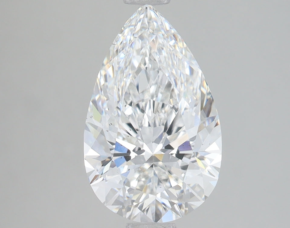 Pear-shaped lab-grown diamond with faceted surfaces reflecting light, displayed on neutral background.