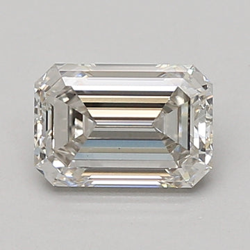 Emerald-cut lab-grown diamond with faceted surfaces and step-cut pattern, displaying light refraction across clear stone.
