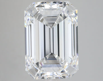 Colorless emerald-cut lab-grown diamond with faceted surfaces and light reflections on neutral background.
