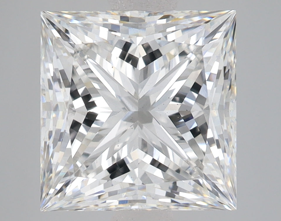 Princess-cut lab-grown diamond with square faceted shape displaying bright white light reflection and sparkle against neutral