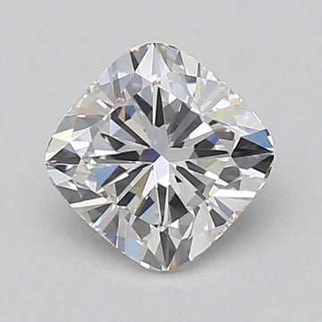 Cushion cut lab grown diamond with faceted surface reflecting light, displayed on neutral background.