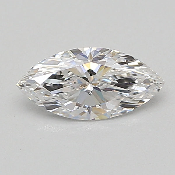 Marquise-cut lab-grown diamond with faceted surface and light reflections on neutral background.